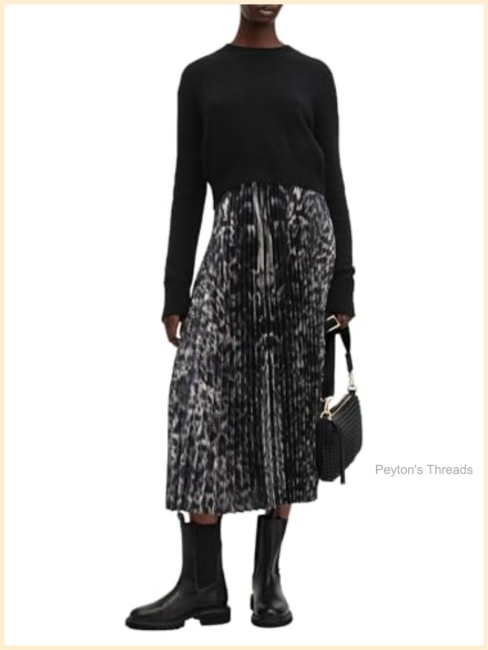 Wool Blend Pleated Midi Dress Long Sleeve A-Line Casual